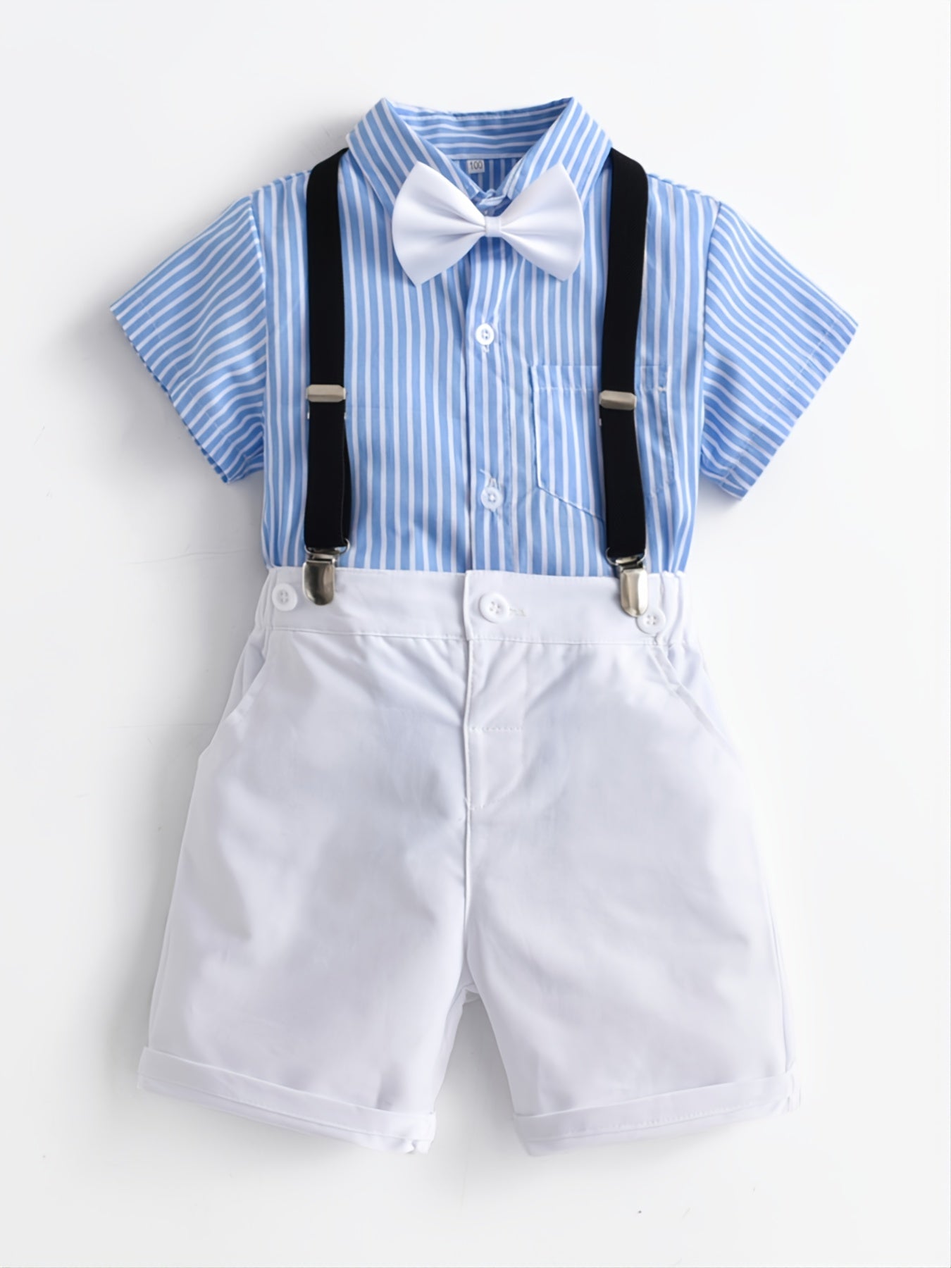 Toddler Boys Striped Bow Tie Top & Suspender Shorts Summer Set