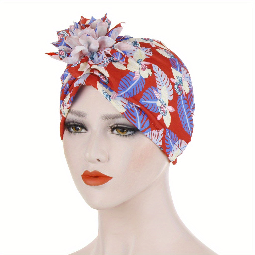 Boho Flower Print Turban Vintage Beanie Elastic Head Wrap Breathable Bonnet
