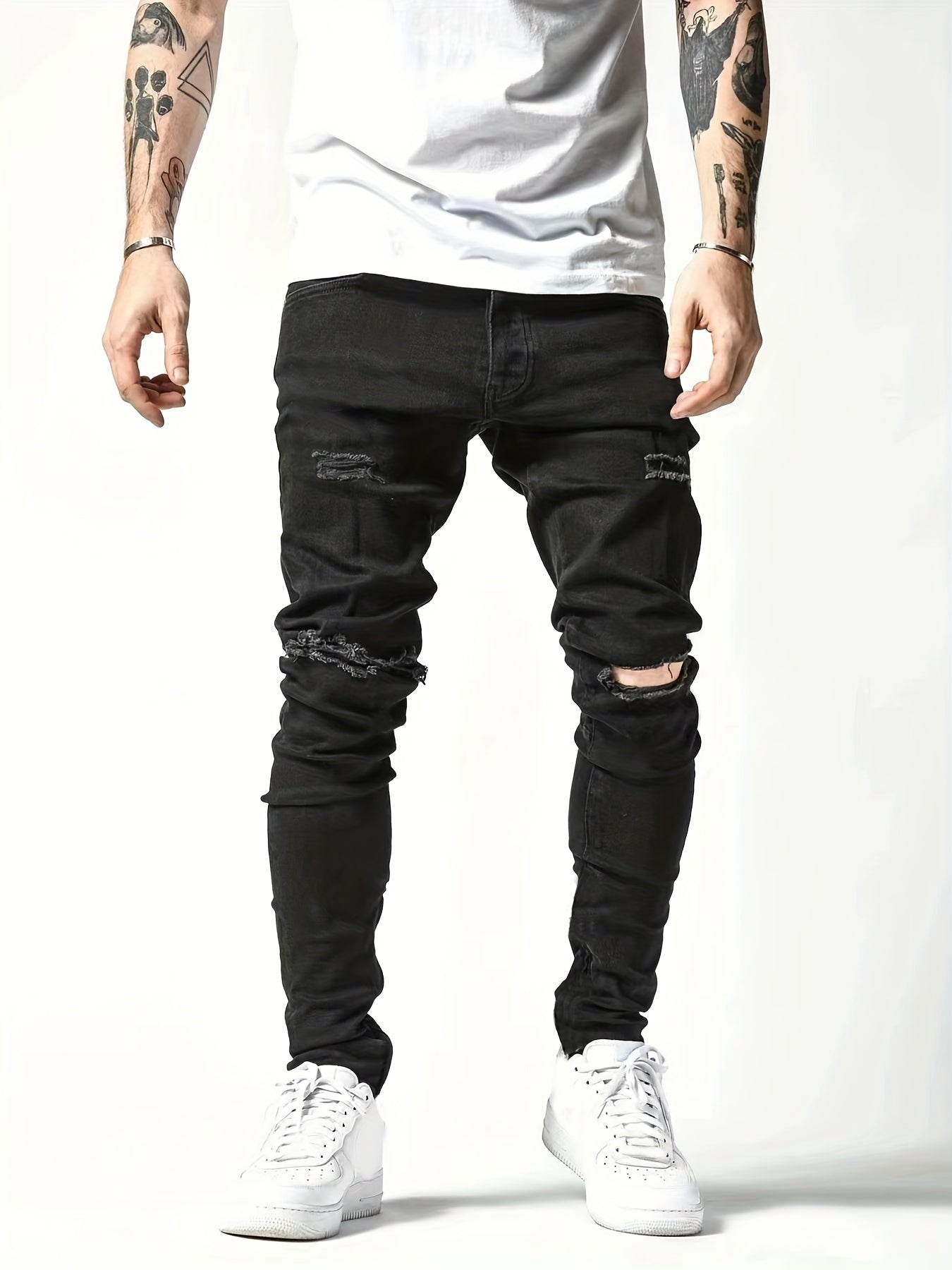 Mens Ripped Cotton Jeans Slim Fit Distressed Denim Pants