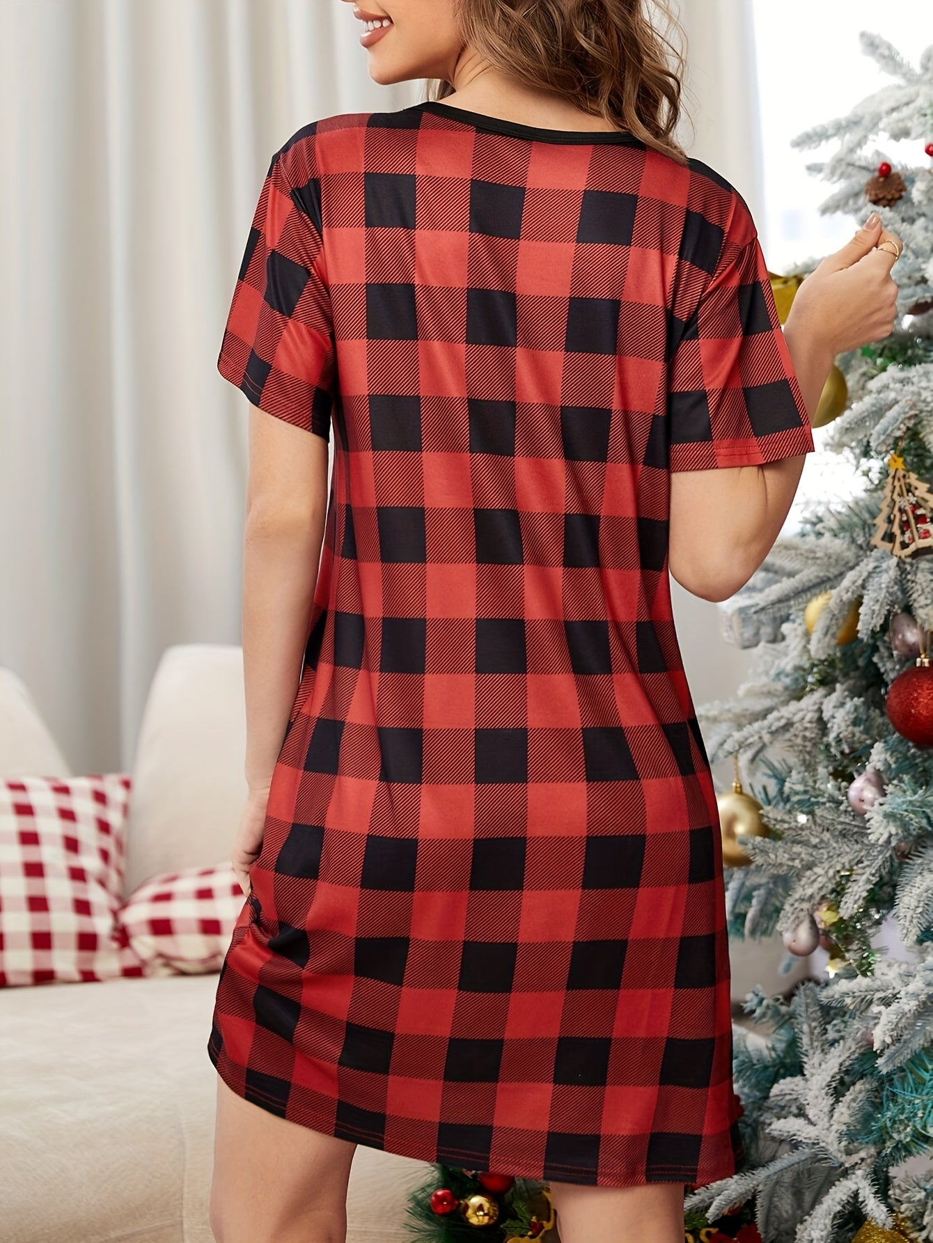 Christmas Plaid Lounge Dress Short Sleeve Women's Loungewear