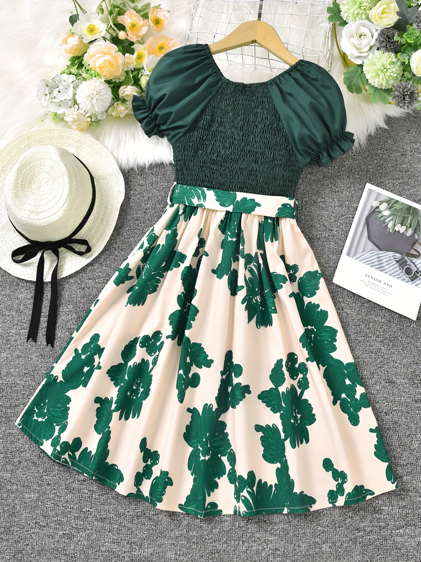Toddler Girls Puff Sleeve Leaves Graphic Princess Dress