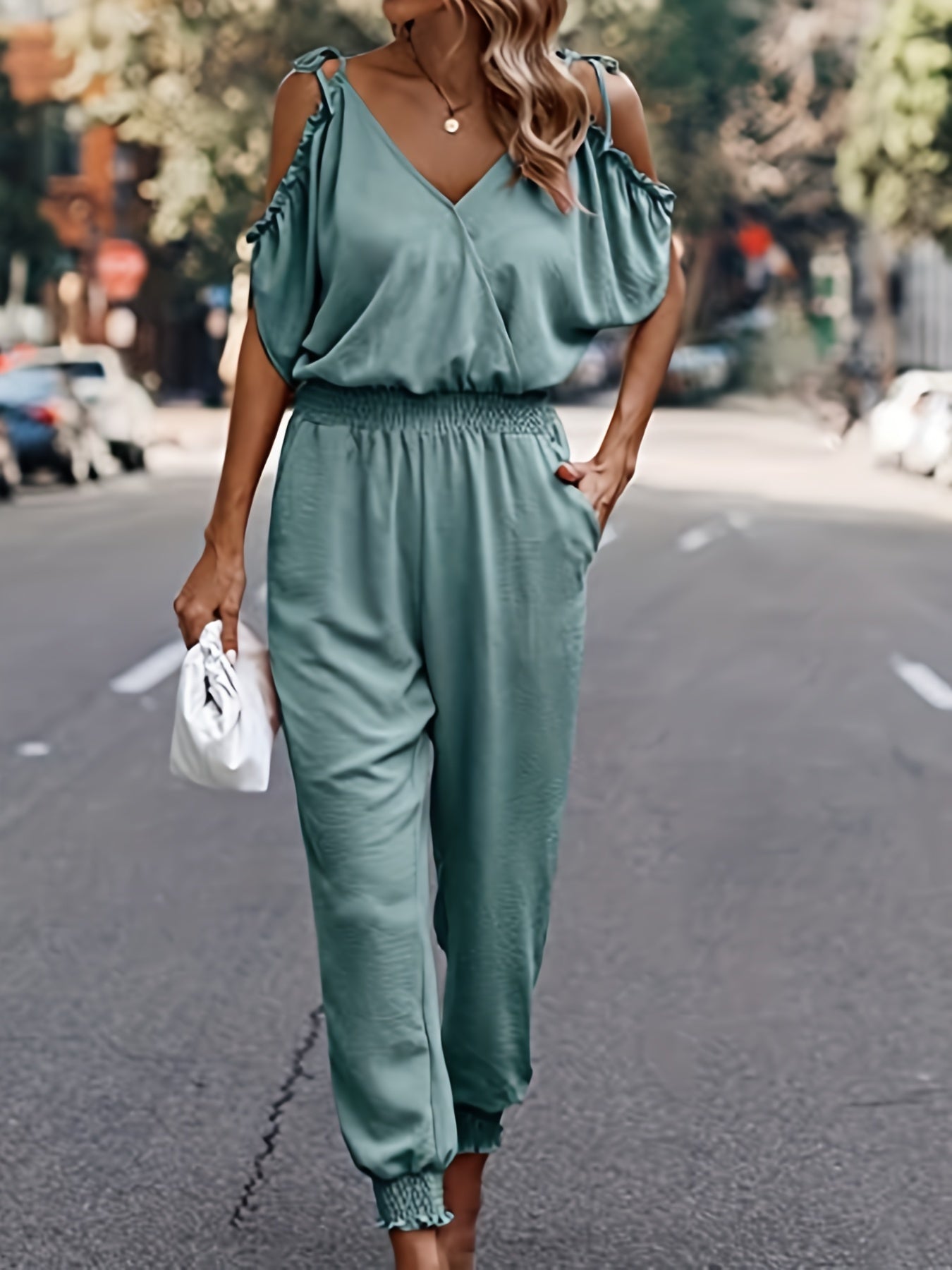 Shirred Waist Cold Shoulder Jumpsuit Casual V neck Jumpsuit Spring & Summer