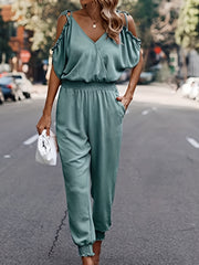 Shirred Waist Cold Shoulder Jumpsuit Casual V neck Jumpsuit Spring & Summer