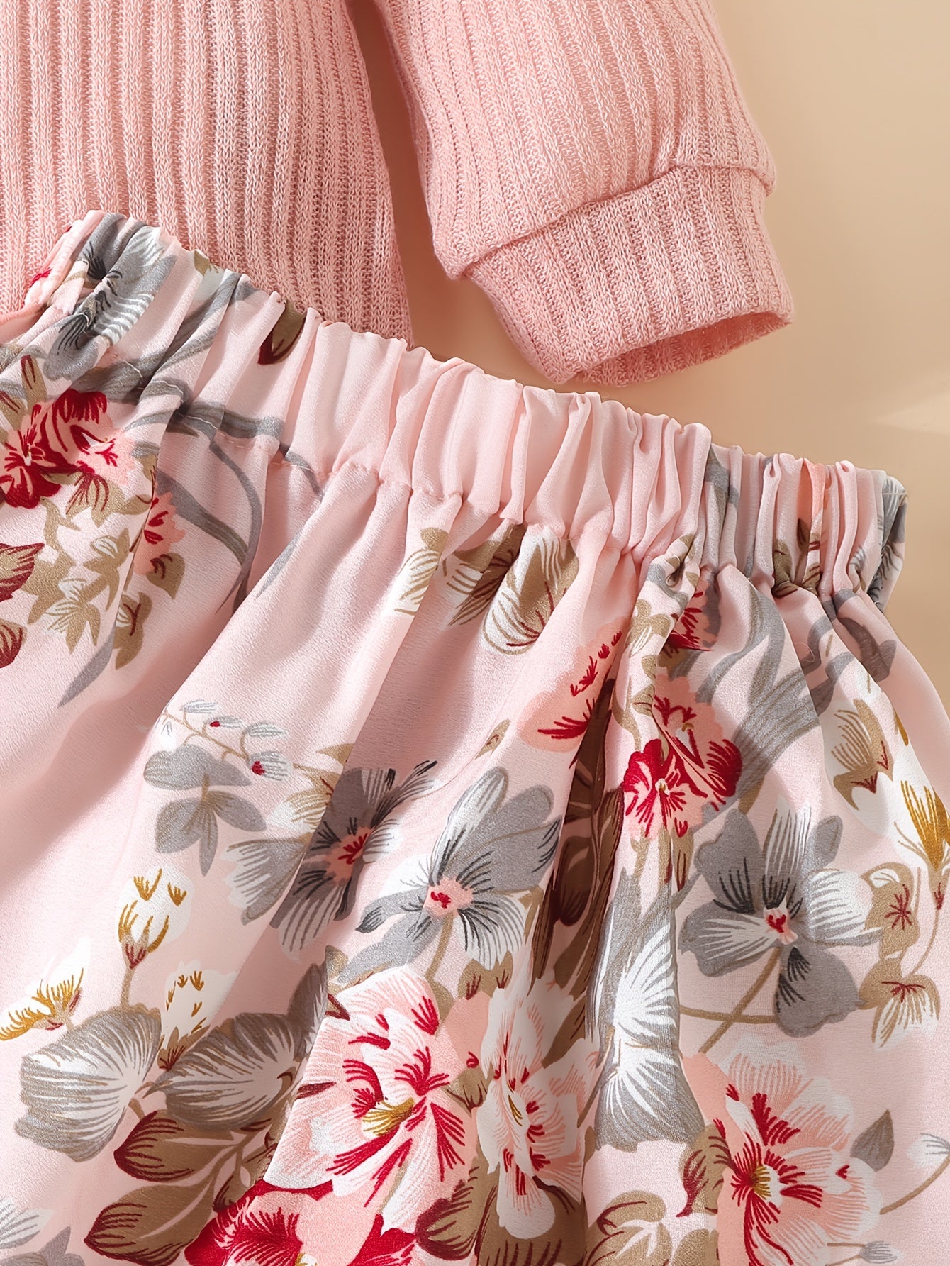 Autumn Girls Knitted Head Pullover Flower Print Skirt Set