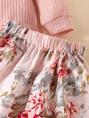 Autumn Girls Knitted Head Pullover Flower Print Skirt Set
