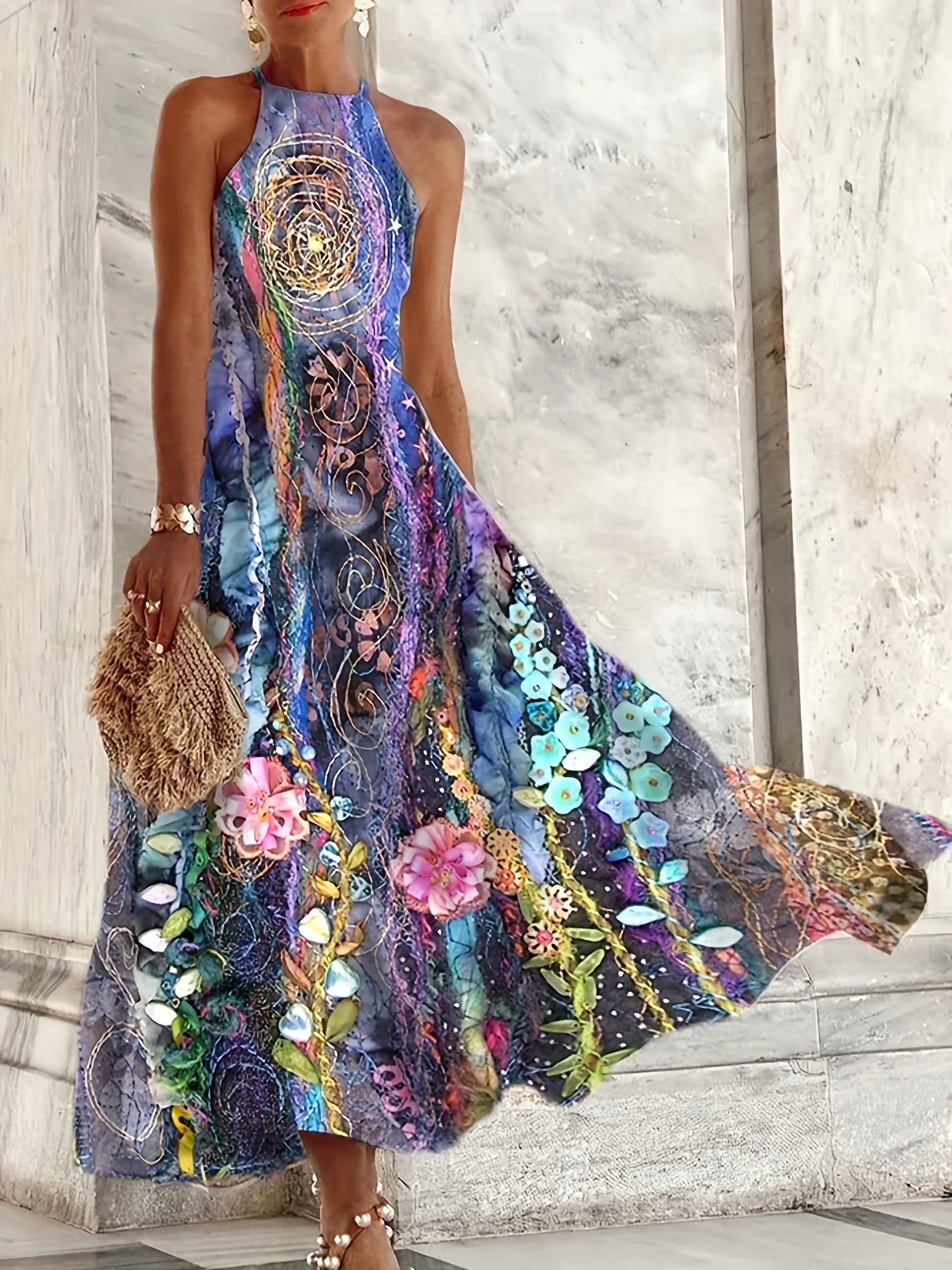Floral Print Halter Maxi Dress Sleeveless Casual Dress