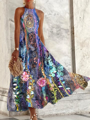 Floral Print Halter Maxi Dress Sleeveless Casual Dress