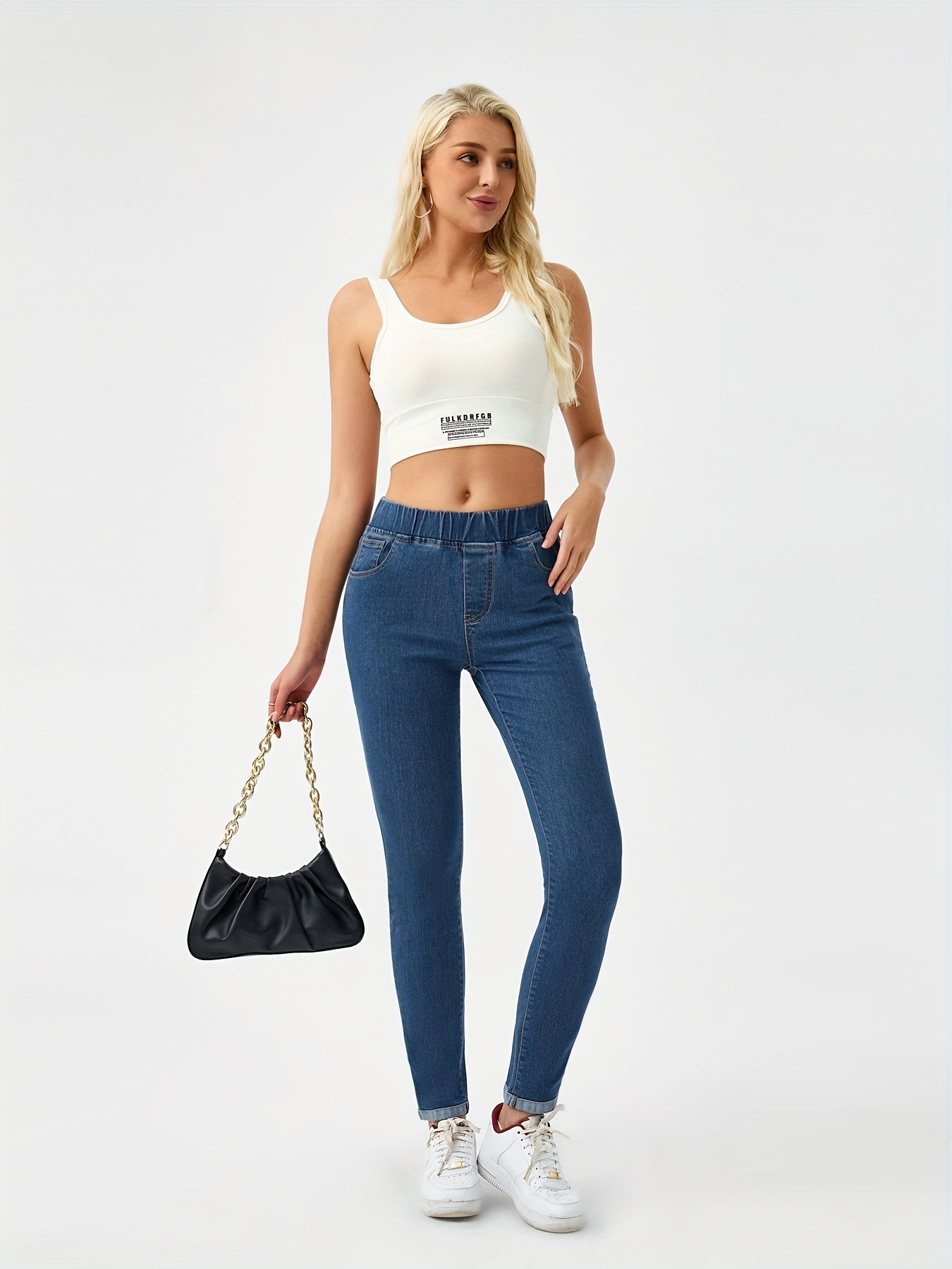Elastic Waist Skinny Jeans Slim Fit Mid Stretch Versatile Denim Pants