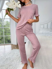 Argyle Print Pajama Set Short Sleeve Crew Neck Top & Ruffle Pants