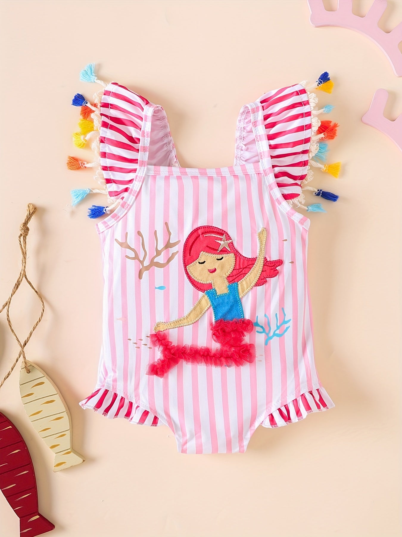 Toddler Girls Mermaid Embroidery Striped Ruffle Trim Swimsuit