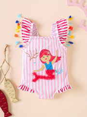 Toddler Girls Mermaid Embroidery Striped Ruffle Trim Swimsuit