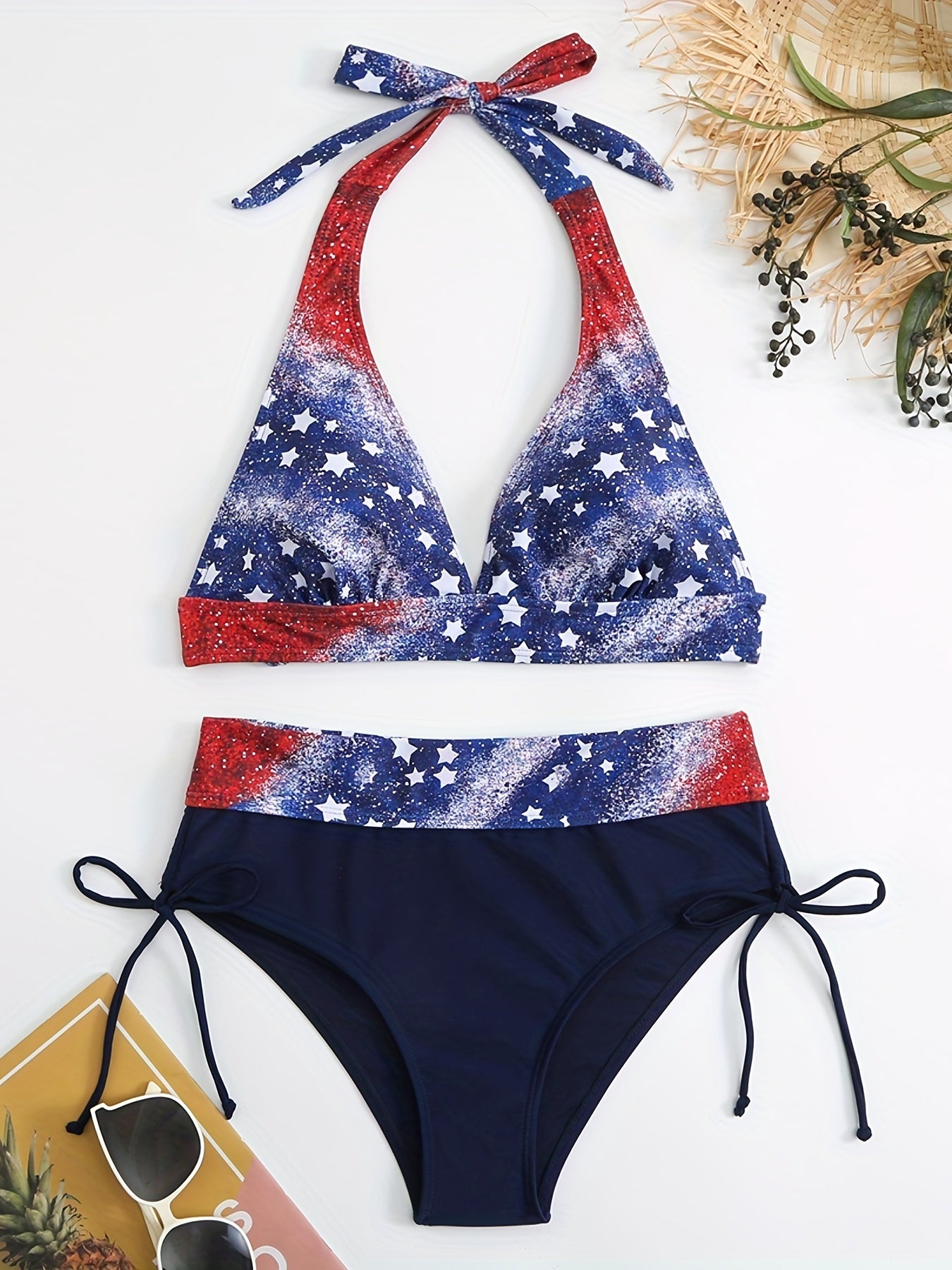 American Flag Print Bikini Set Glitter 2 Piece Swimwear