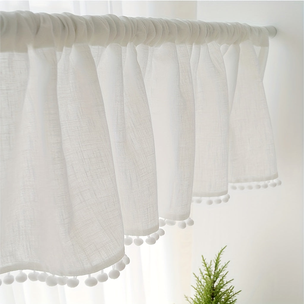 Boho Cotton Linen Curtain with Pom Poms Rod Pocket for Home Decor