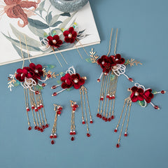 Vintage Red Velvet Flowers Beaded Hairpins Tassel Hair Clips