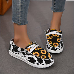 Chrysanthemum & Cow Print Canvas Shoes Low Top Lace Up Round Toe Lightweight