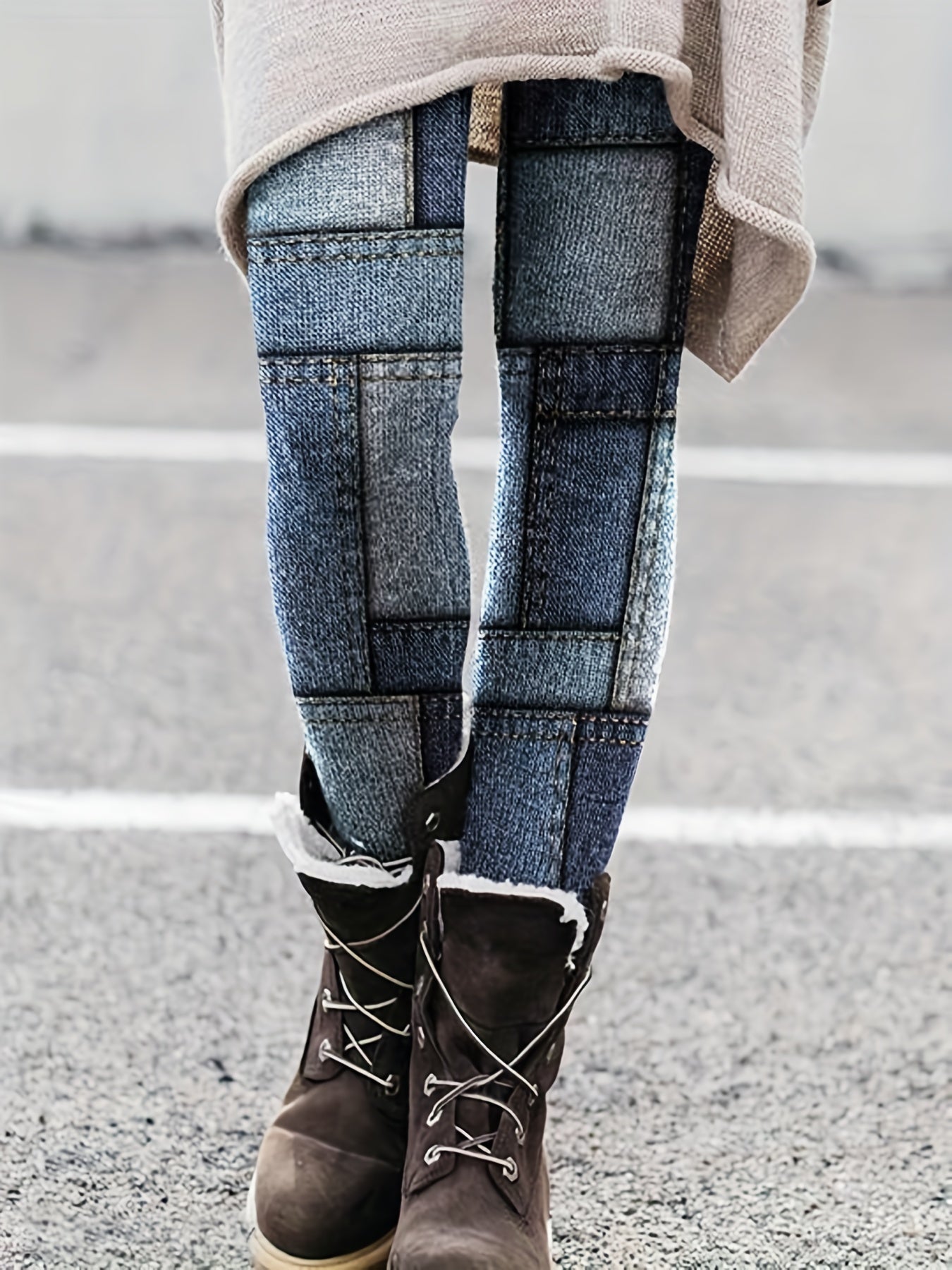 Patchwork Print Skinny Leggings High Waist Stretchy Leggings