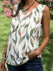 Plants Print Sleeveless Top V Neck High Stretch Top