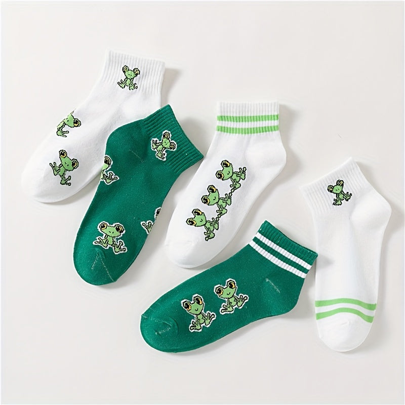 5 Pairs Cartoon Frog Print Crew Socks Women's Stockings
