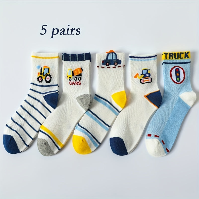 5 Pairs Boys Cartoon Car Mesh Breathable Socks for Spring Summer