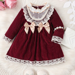 Toddler Baby Girls Lace Trim Bow Puffy Princess Dress