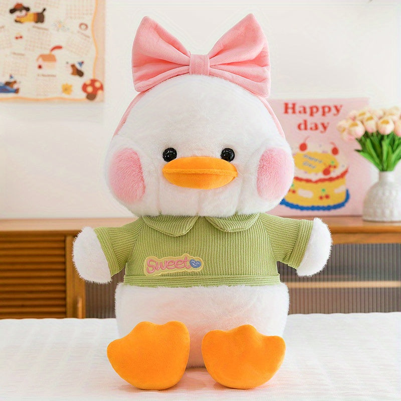 Cute Plush Duck Stuffed Animal with Big Bow Pink Soft Fluffy Fabric