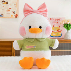 Cute Plush Duck Stuffed Animal with Big Bow Pink Soft Fluffy Fabric