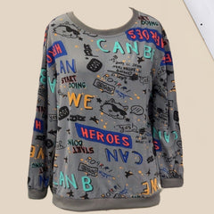 Graffiti Print Sweatshirt Crew Neck Long Sleeve Women's Clothing
