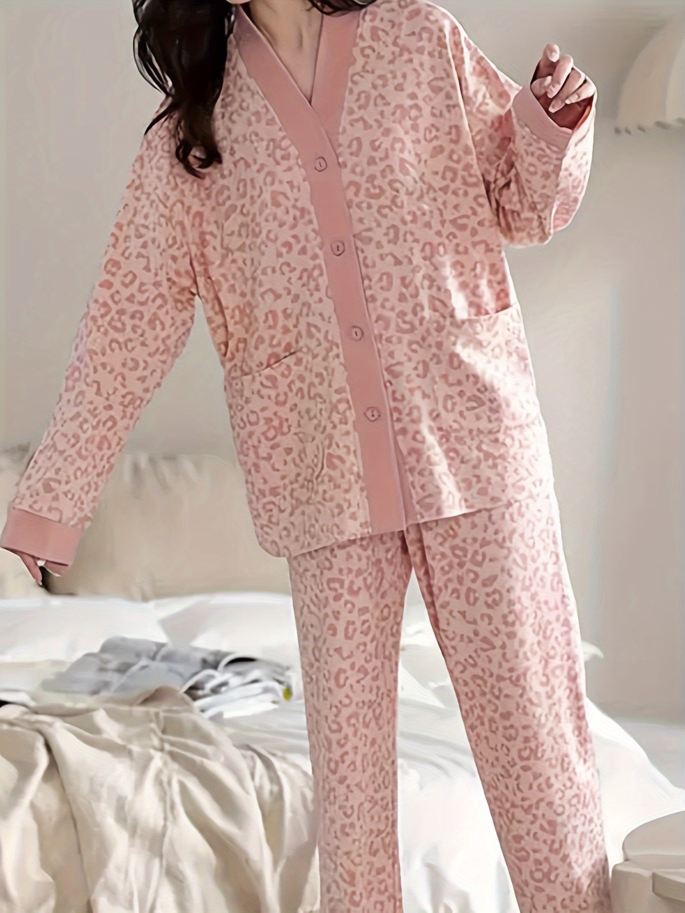 Leopard Print Pajama Set Long Sleeve Top & Pants