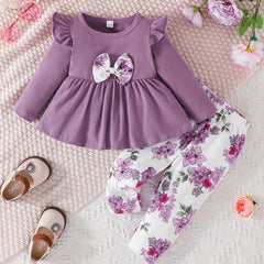 Baby Girls Dress & Floral Pants Set, Long Sleeves, Bow Knot, Spring Fall