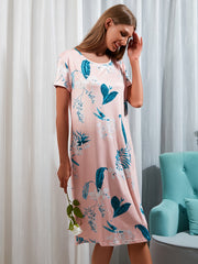 Floral Print Lounge Dress Crew Neck Short Sleeve Women's Home Dress