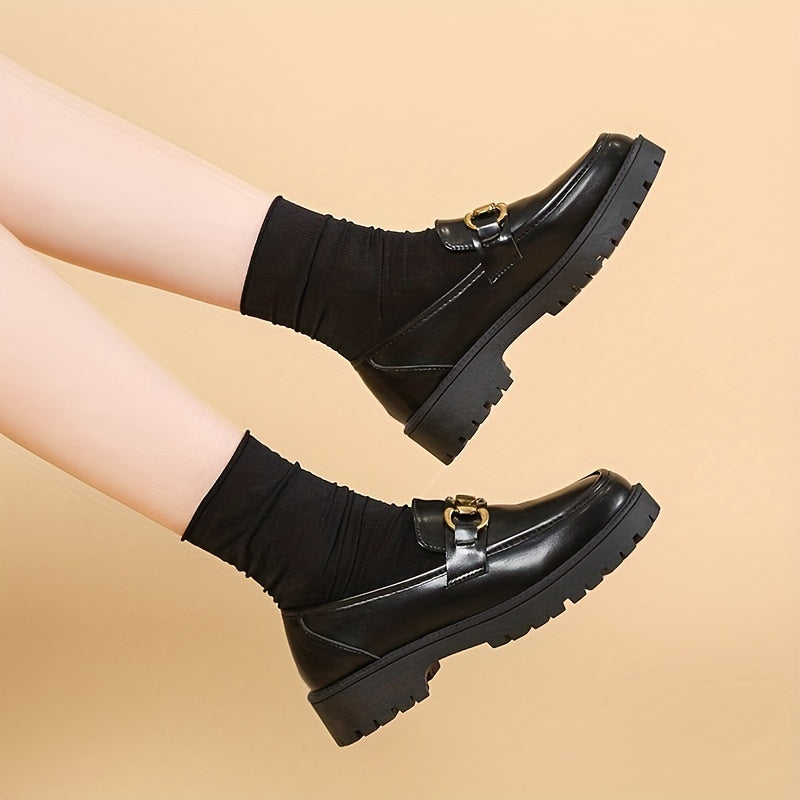 British Style Metal Decor Loafers Slip On Chunky Heel Shoes