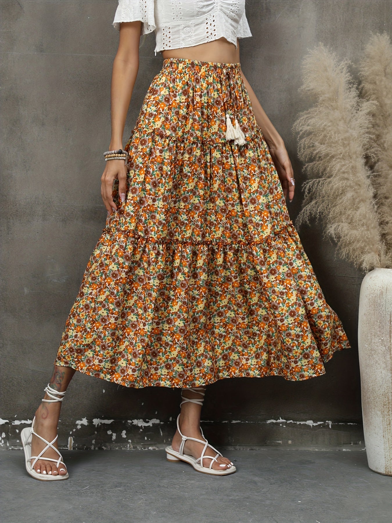 Ditsy Floral Print Skirt Casual Tiered Skirt For Summer