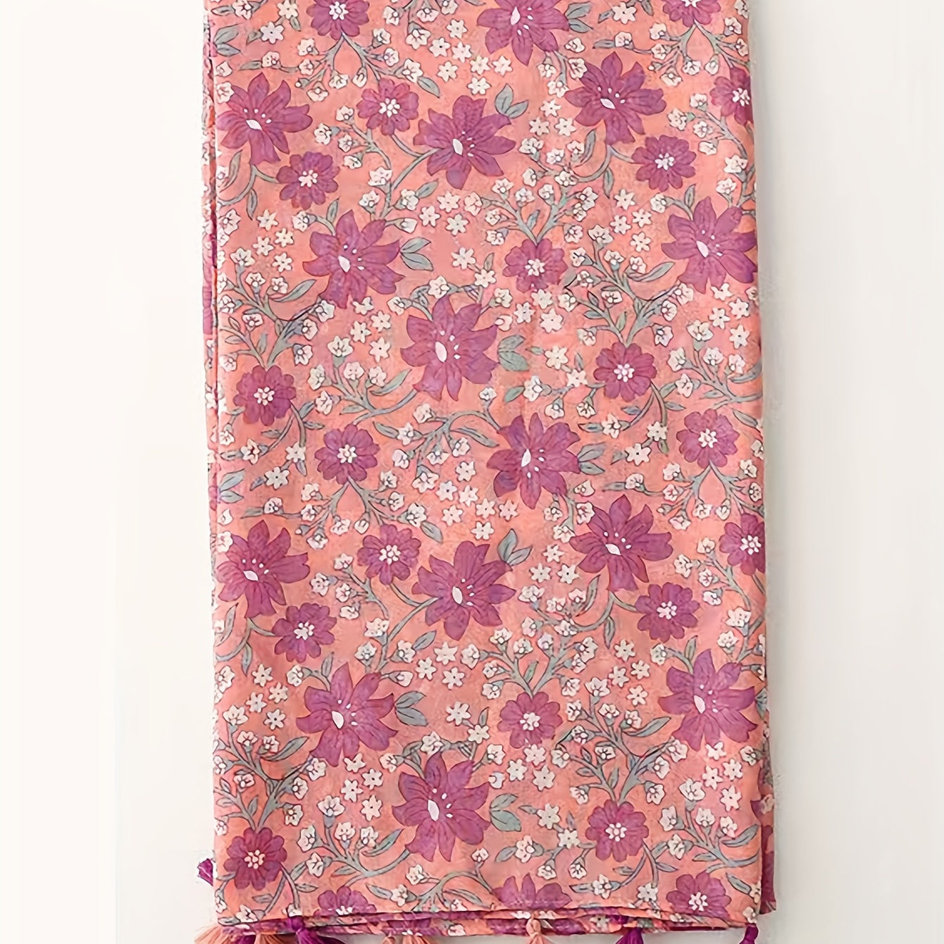 Pink Flower Print Tassel Scarf Boho Shawl Casual Hijab Head Wrap Women
