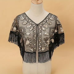 Vintage Sequin Embroidered Shawl 1920s Tassel Wrap Mesh Cape