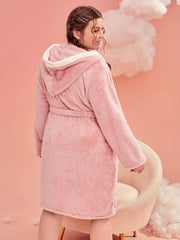 Women's Plus Flannel Long Sleeve Fleece Hooded Bathrobe