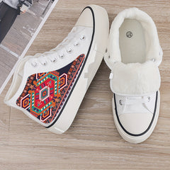 Ethnic Print Plush Lined Thermal Chunky Canvas Sneakers Flat