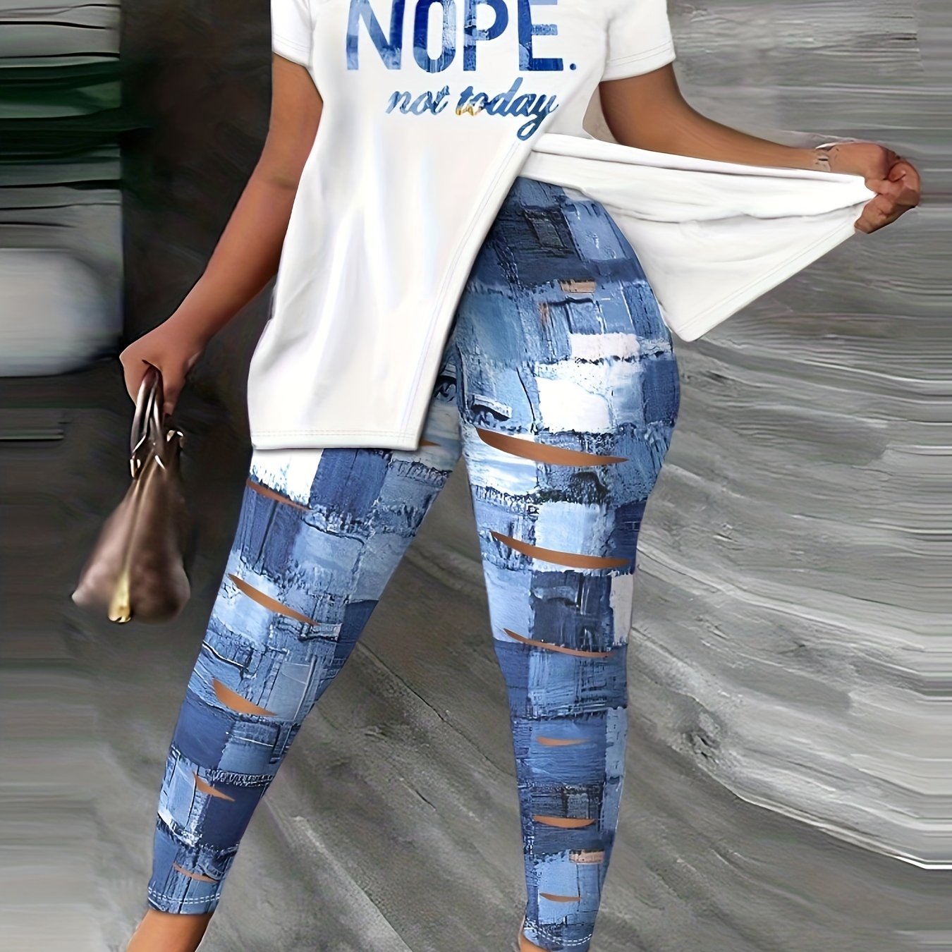 Denim Slogan Print One Shoulder Split Tee & Cut Out Leggings Set