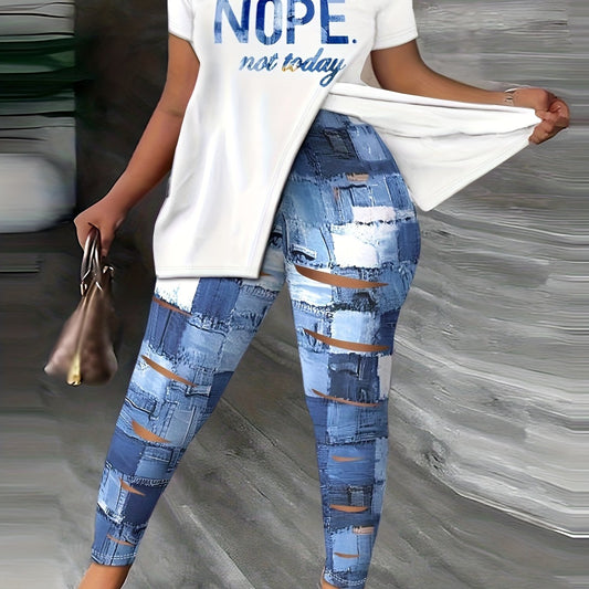 Denim Slogan Print One Shoulder Split Tee & Cut Out Leggings Set