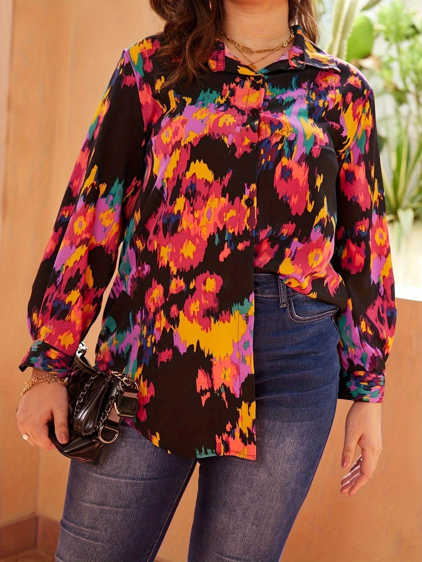 Random Print Long Sleeve Button Up Blouse