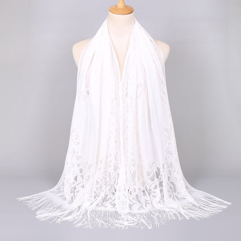 Floral Lace Scarf Shawl With Tassels Soft Mesh Fringe Wraps