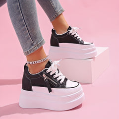 Women's Side Zipper Chunky Sneakers Lace Up Thick Sole Walking Shoes