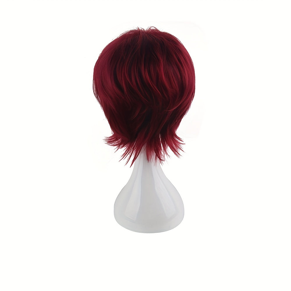 Men's 14 Inch Wine Red Anime Dress Up Wig Synthetic Fiber Wig
