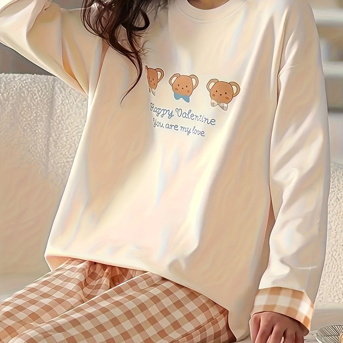 Bear Print Pajama Set Long Sleeve Top & Plaid Pants Women's Sleepwear