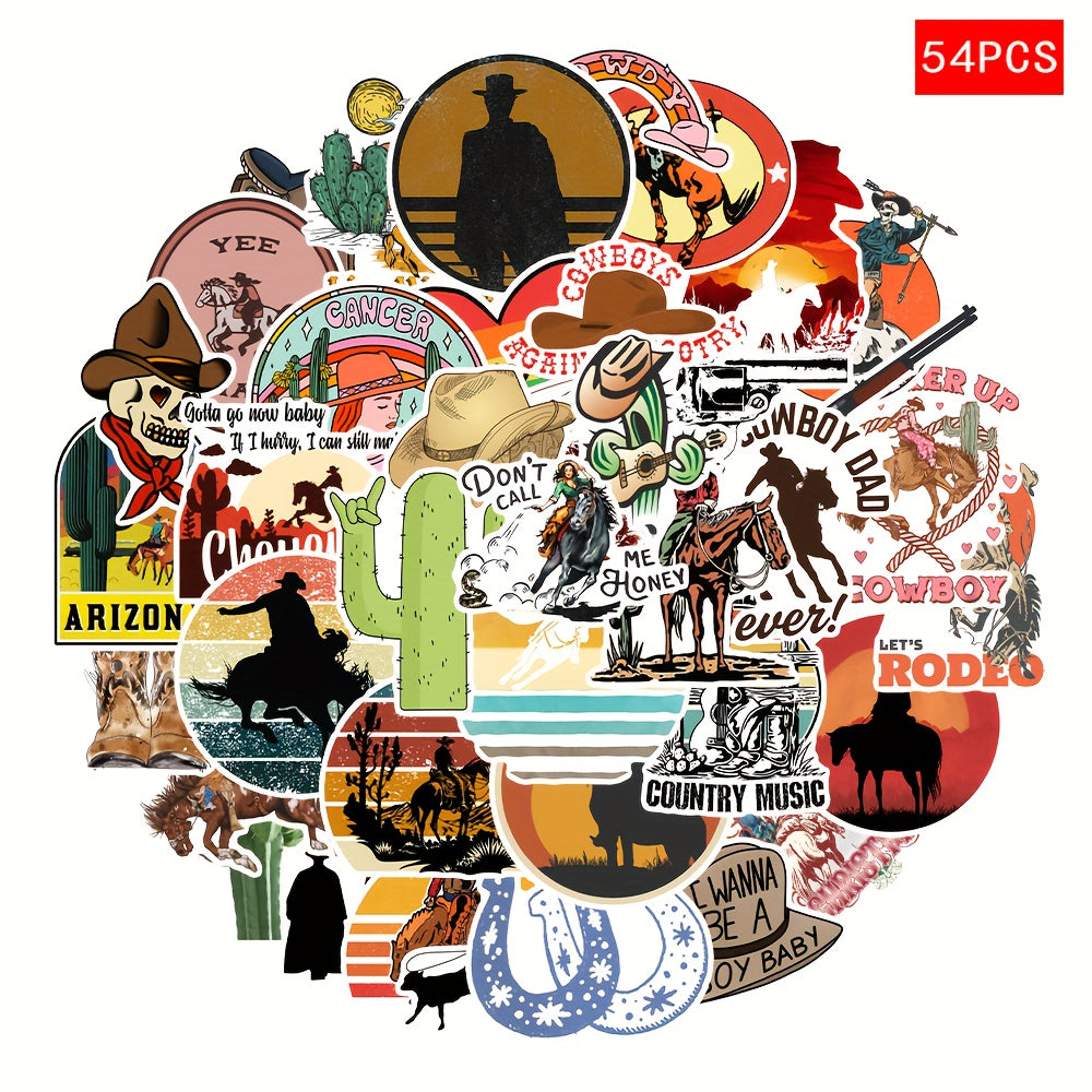 54pcs Western Cowboy & Music Vinyl Stickers for Laptop Water Bottle Helmet