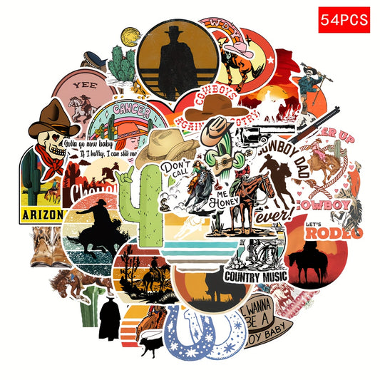 54pcs Western Cowboy & Music Vinyl Stickers for Laptop Water Bottle Helmet