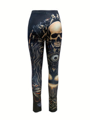 Gothic Skull Print Skinny Leggings High Waist Stretchy Leggings