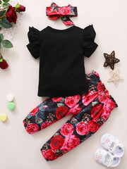 Girls' Ruffle Top & Floral Trousers Set with Headband