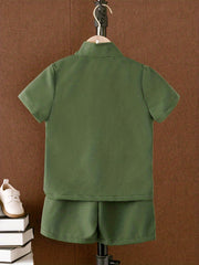 Boys 2pc Set Short Sleeve T Shirt & Shorts LITTLE DREAM Print Zipper Pocket Top