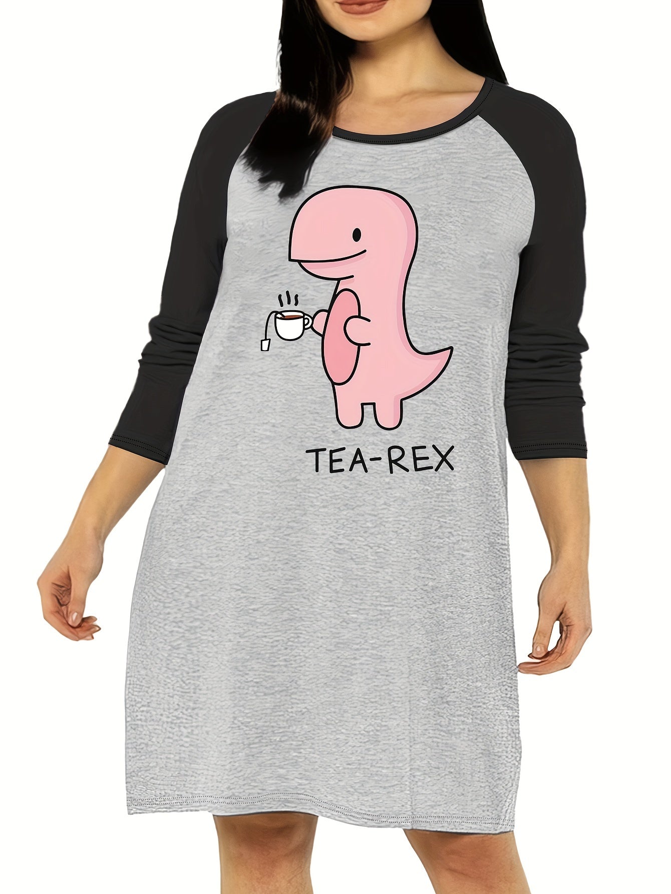 Women's Dinosaur Print Raglan Sleeve Round Neck Tee Sleep Dress