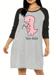 Women's Dinosaur Print Raglan Sleeve Round Neck Tee Sleep Dress